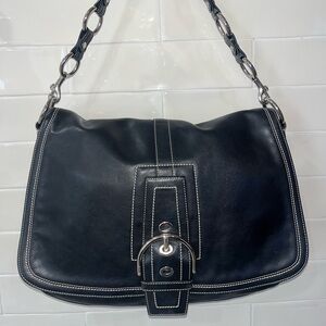 Coach 10582 Style Purse Soho XL Black Leather & Silver Buckle Flap Shoulder Bag